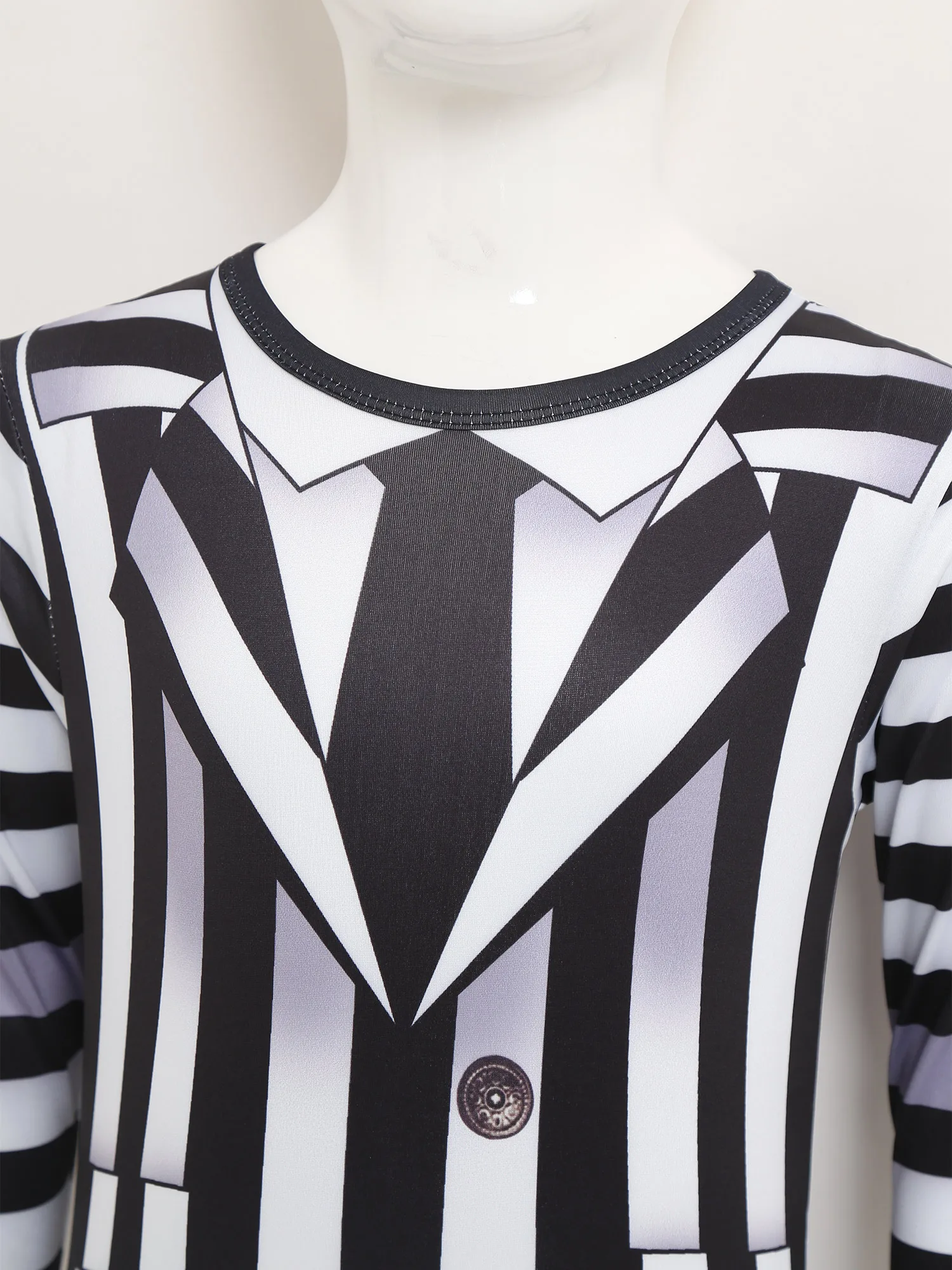 Kombinezon w czarno-białe paski dla dzieci, dziewczynek i chłopców, straszny kostium na Halloween, niewidoczny zamek z tyłu, idealny na imprezy tematyczne i karnawał.