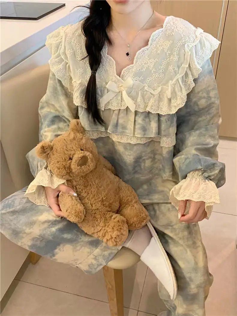 

Милые кружевные пижамные комплекты с длинными рукавами в корейском стиле, женские весенне-осенние дворцовые стильные домашняя одежда, комплект из двух предметов, пижамный ансамбль Femme