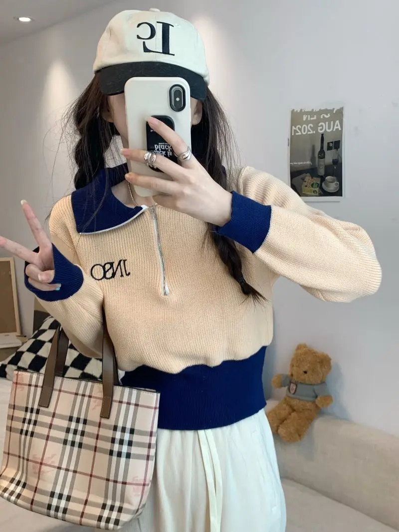 Short Style Woman Sweater Zipper Autumn Winter Fashion Long Sleeve Women'S Loose Korean Style Lapel 2023 New