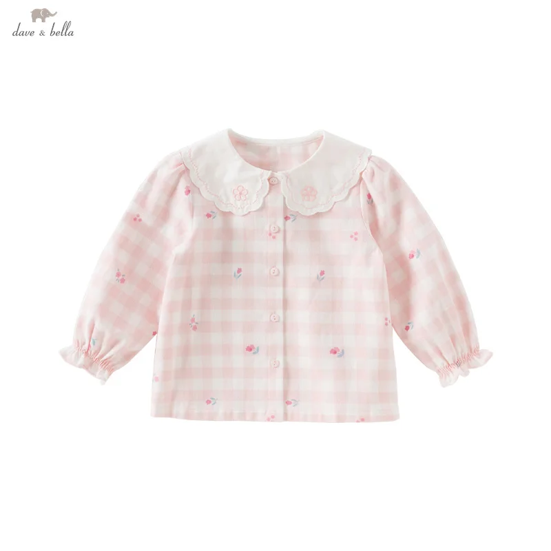 Dave Bella Children's Shirt 2025 New Fashion Casual Sweet Cute Girl's Cotton Plaid Blouse Comfortable Kids Top Party DB1250652