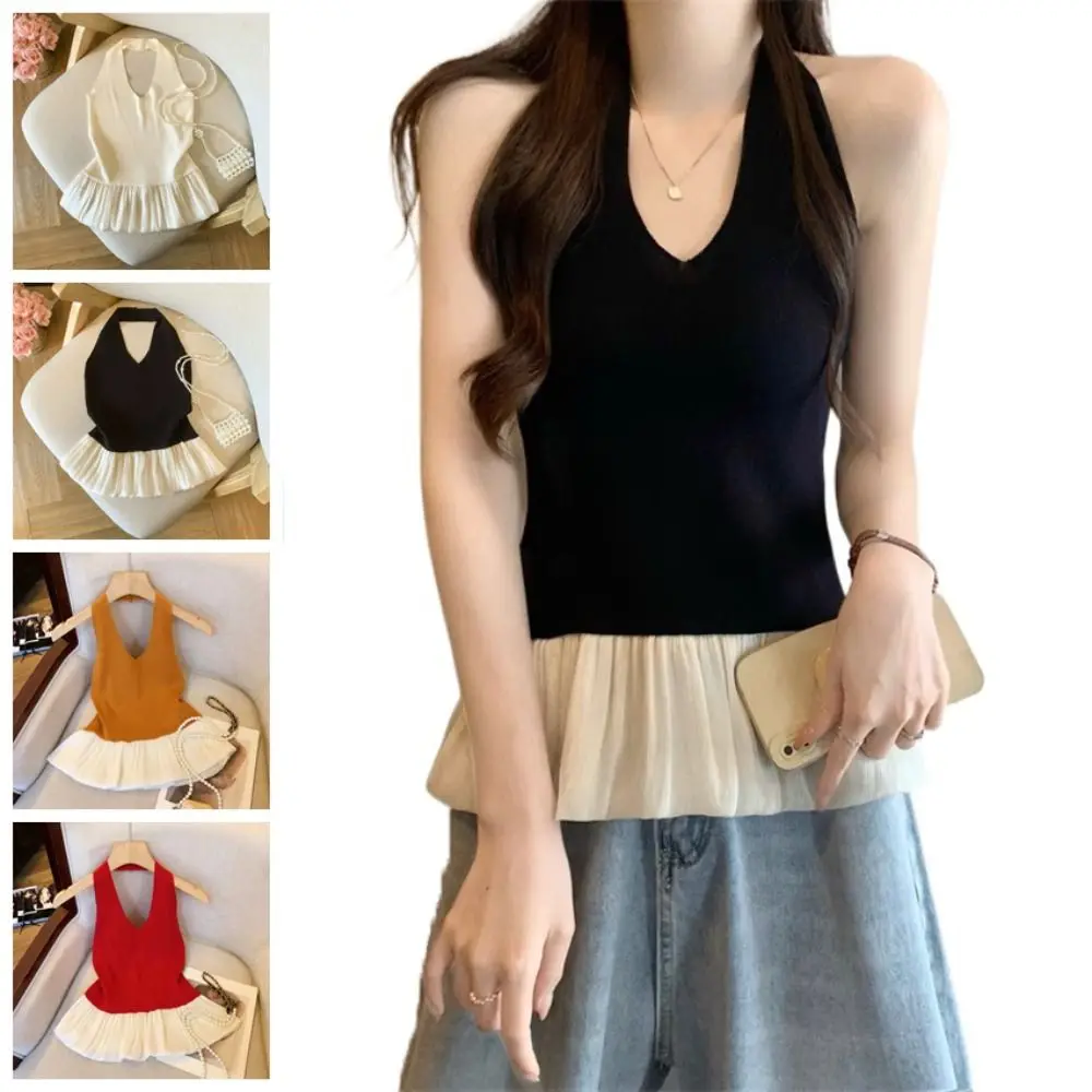 

Cute Patchwork Knit Crop Top Sleeveless Slim Fit Halter Camisole Women V-neck Vest Sweet Girl's Top Summer