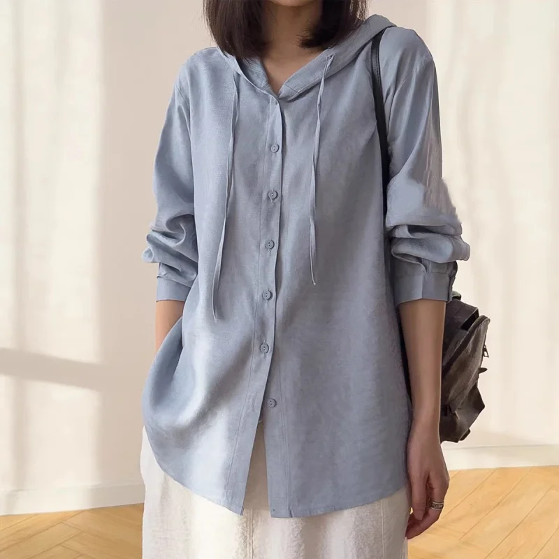 Birdtree, 100% Silk Jacquard Blouse, Spun Silk Loose Tops, Women's Hooded Full Sleeve Blue Shirt, 2026 Spring New T62004JF