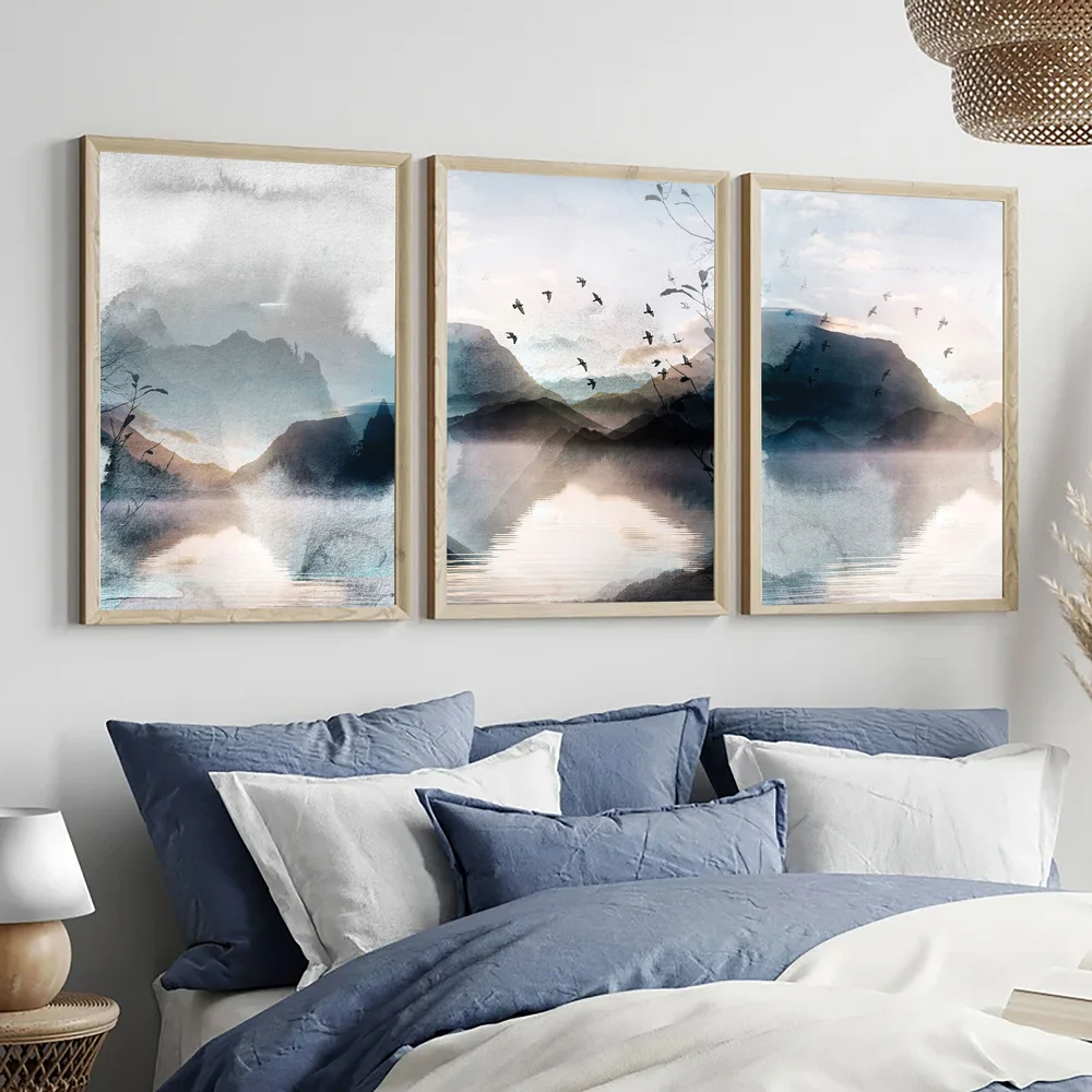 

Modern Abstract Landscape Canvas Wall Art, Blue and Grey Mountain, Birds Picture for Bedroom, Home Decor, Set of 3 Prints