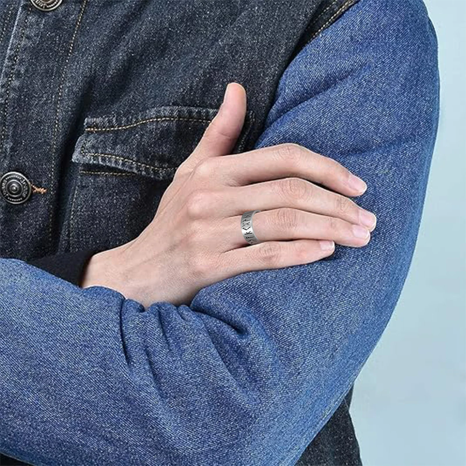 Viking Rune Ring for Men, Stainless Steel Hollow Band with Norse Letters, Adjustable Size 6-12, Masculine Jewelry Gift