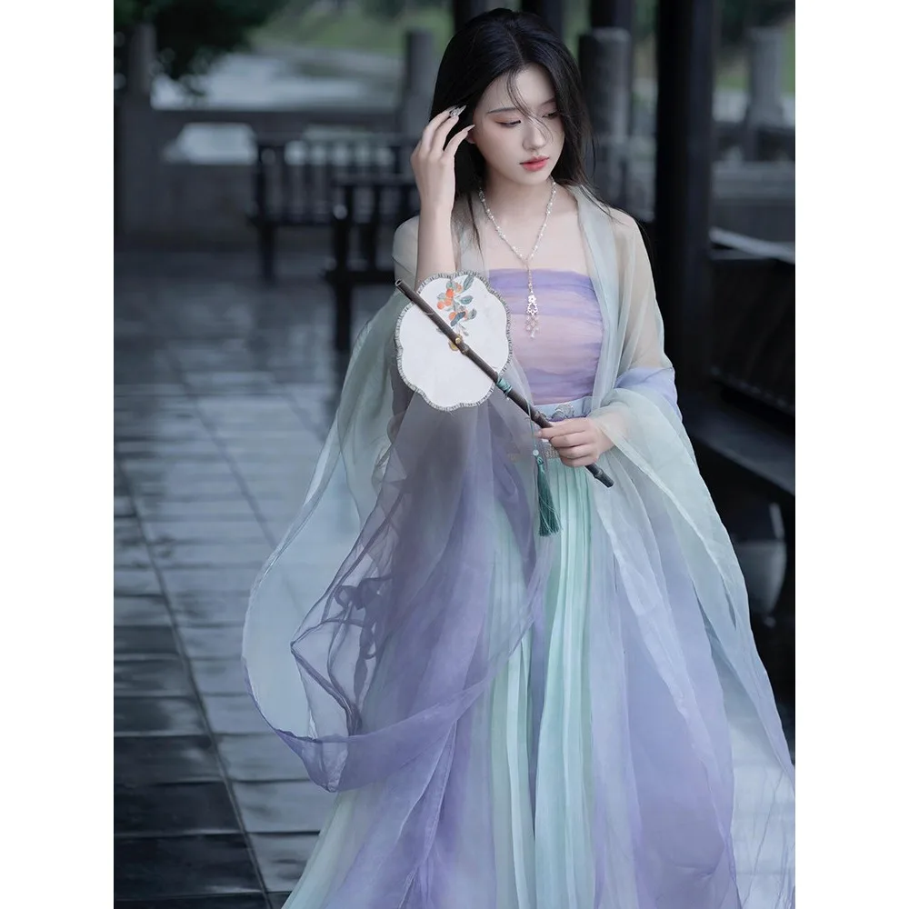 New Modified Ancient Hanfu Chinese Style Fairy Flowy Thin Crop Top Full Set Daily Wear