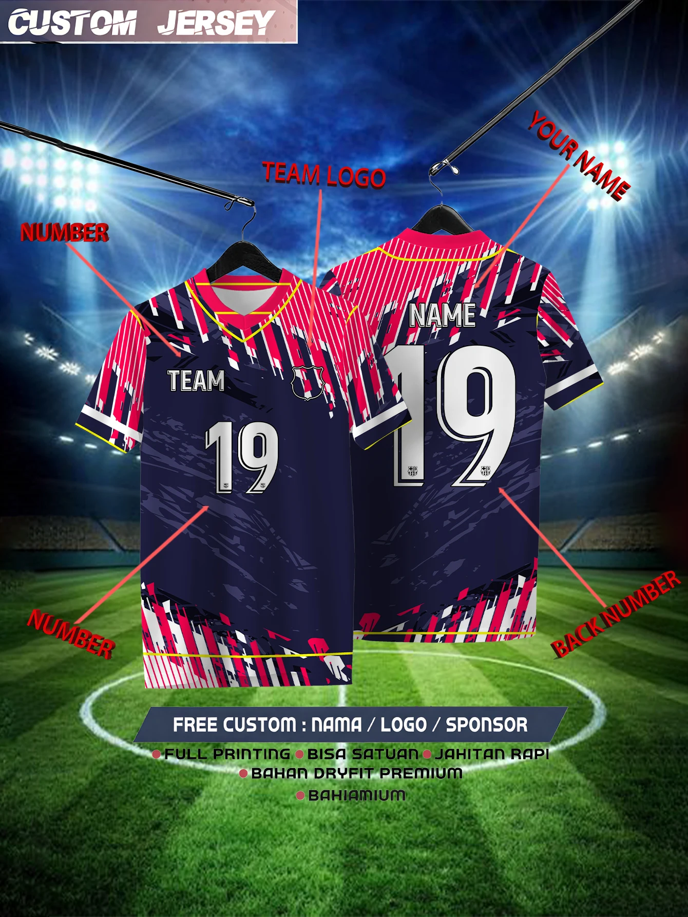

Customized Geometric Navy Blue Short Sleeved Shirt with Team Name, Emblem, Name and Number, Outdoor Sports Short Sleeved T-shirt