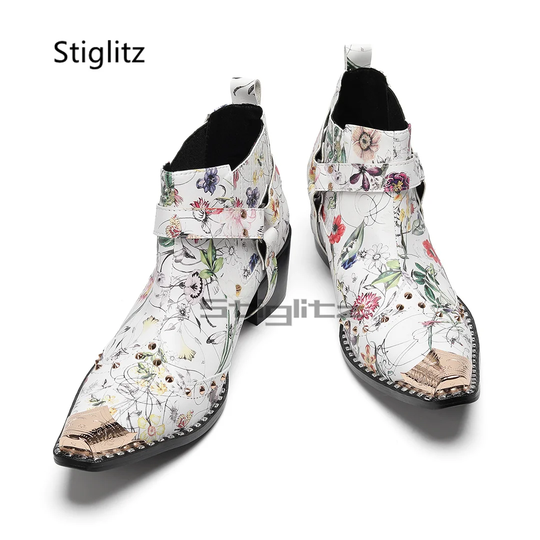 Prints Graffiti Men's Boots Metal Pointed Toe Genuine Leather Chelsea Boots Rivet Ankle Boots Spring Autumn Business Shoes