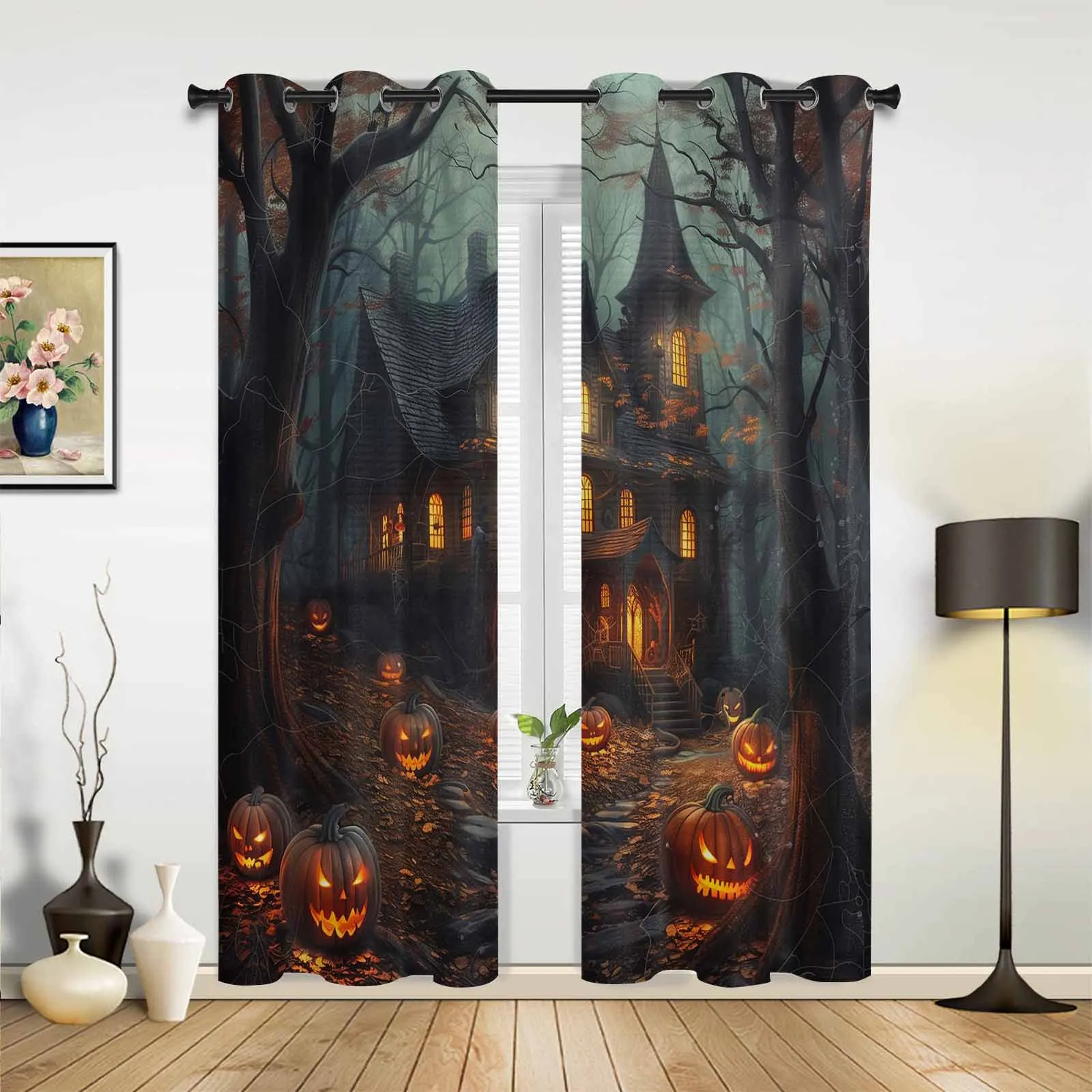 Halloween Castle Pumpkin Vintage Bat Grove Modern Panels Hall Curtains for Living Room Bedroom Window Curtains Hotel Drapes