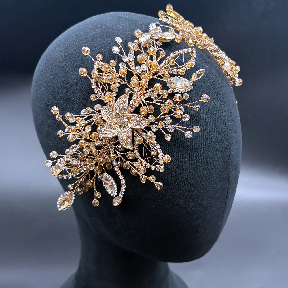 DZ289 Champagne Crystal Leaf Tiara for Woman Handmade Bridal Headband Wedding Hair Accessories Ladies Headwear Bridesmaid Gift