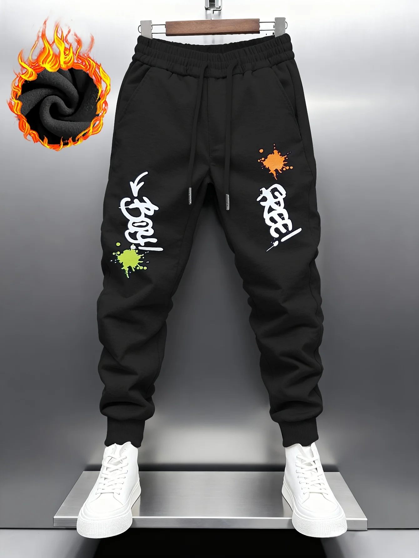 Cool‑vibe‑trend splash graffiti letter graphic art print street‑style dual‑side sweatpants men hip hop sports jogger trousers