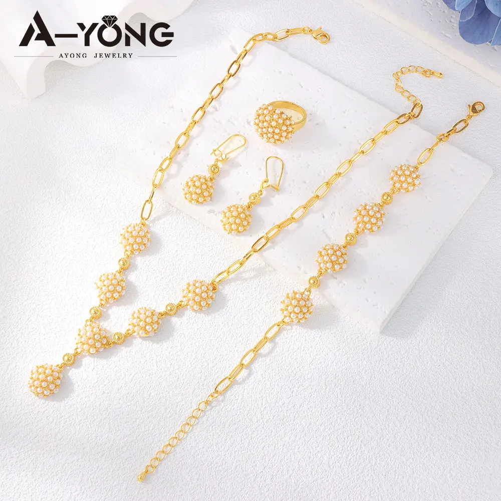 Dubai Nigeria Fashion Pearls Jewelry Set 24k Gold Plated Italian Retro Boho Necklace Arabic Women Exquisite Party Jewelrys