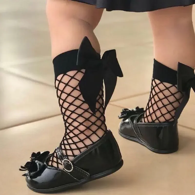 Summer Thin Baby Girls Kids Mesh Socks 2023 New Bow Fishnet Knee High Long Socks Net Vintage Black White Short Ankle Stockings