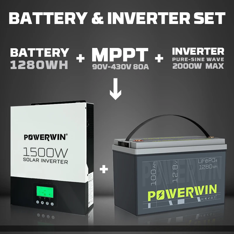 POWERWIN BT100 LifePO4 12V 100Ah/1280Wh HI1500 Hybrid Solar Inverter 1500W 12V 80A MPPT Off-grid LCD Battery 12V Pure Sine Wave