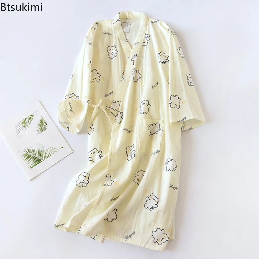 2025 Spring/Summer Women's Kimono 100% Cotton Gauze Print Pajamas Nightgown Ladies SPA Yukata Homewear Long Pajamas for Women