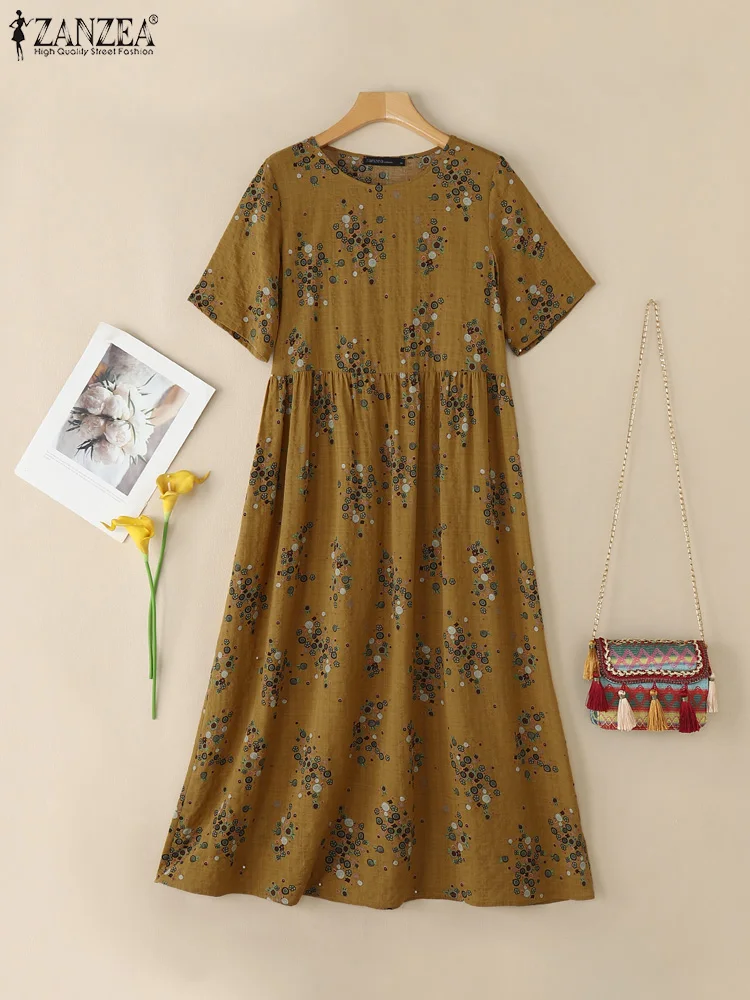 Letnie sukienki Maxi z nadrukiem ZANZEA 2025 Kobiety Vintage Sukienka z krótkim rękawem Casual Holiday Sundress Bohemain O Neck Loose Vestidos