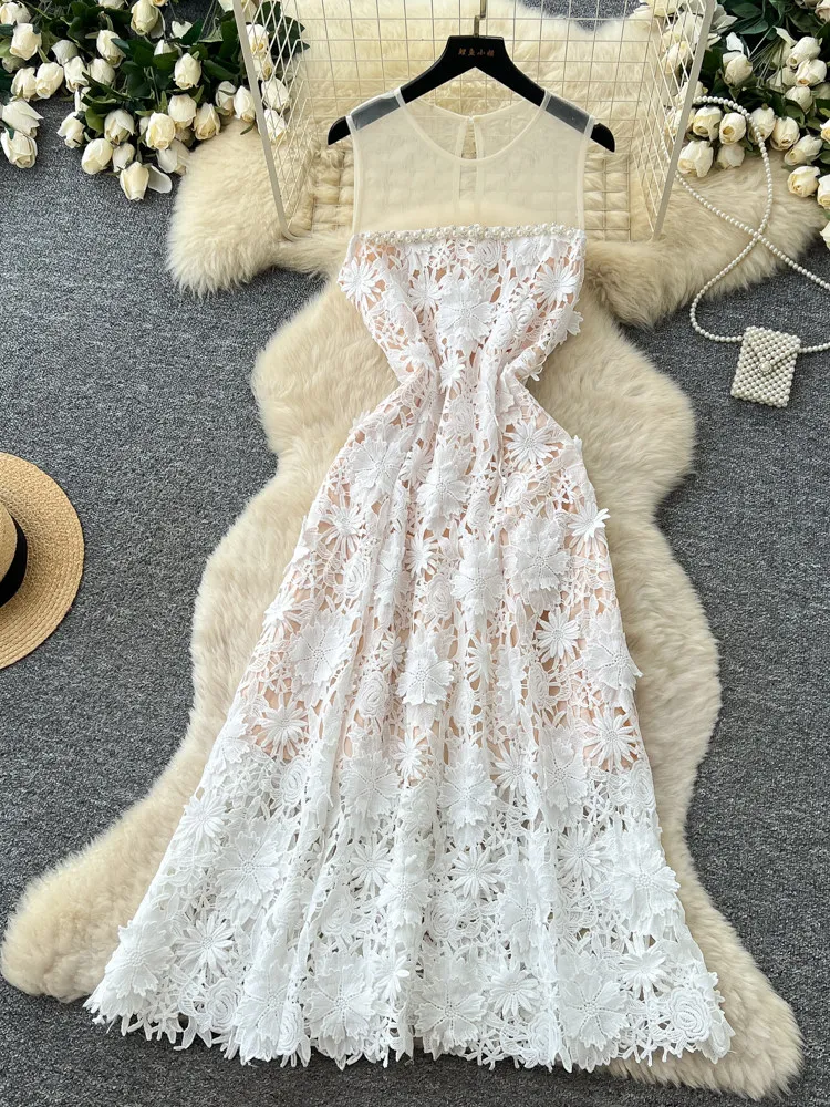 European American Socialite Heavy Diamond Inlaid Flower Mesh Woman Dress Hollow Dress Women Vacation Wedding Dress Bridal Robe