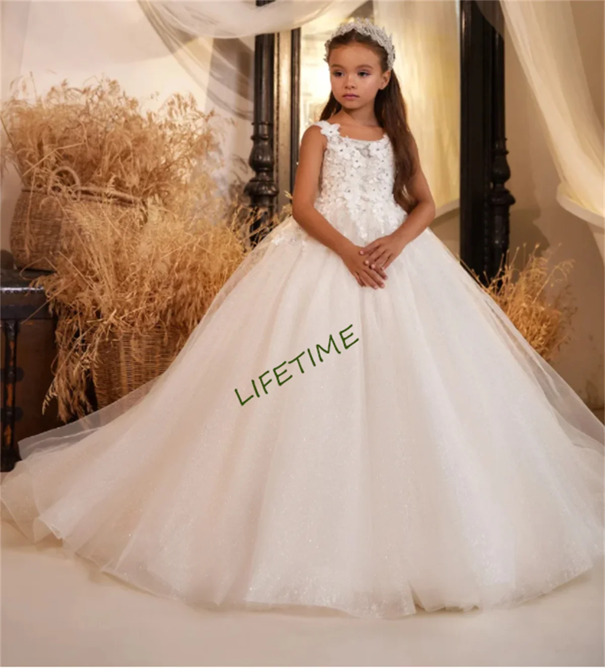 Vestidos de flores de marfil blanco para niña, vestido de baile para niños, fiesta de boda, desfile, primera comunión, apliques 3D sin mangas