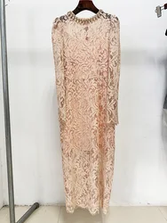 Luxury Crystal Lace Evening Dresses Women Summer Autumn Beading Hollow Out Long Sleeve Midi Party Vestidos Embroidery Robe