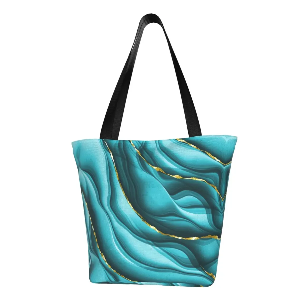 Custom Teal And Gold Abstract Ink Shopping Canvas Bag Women Durable Groceries Texture Marble Geometric  Shopper Tote Bags