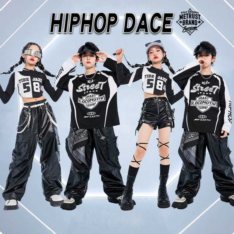 Kinder Street Dance Performance Outfit Motorradjacke Glänzendes Leder Show Off Mädchen Jazz Dance Kostüm Trendy Girl Group
