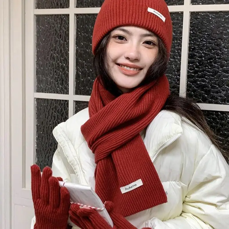 Knitted Winter Scarf Woman Solid Color Hat Scarf Gloves Women's Windproof Adult Three-piece Set Fashion Women's Scarf Hat Set