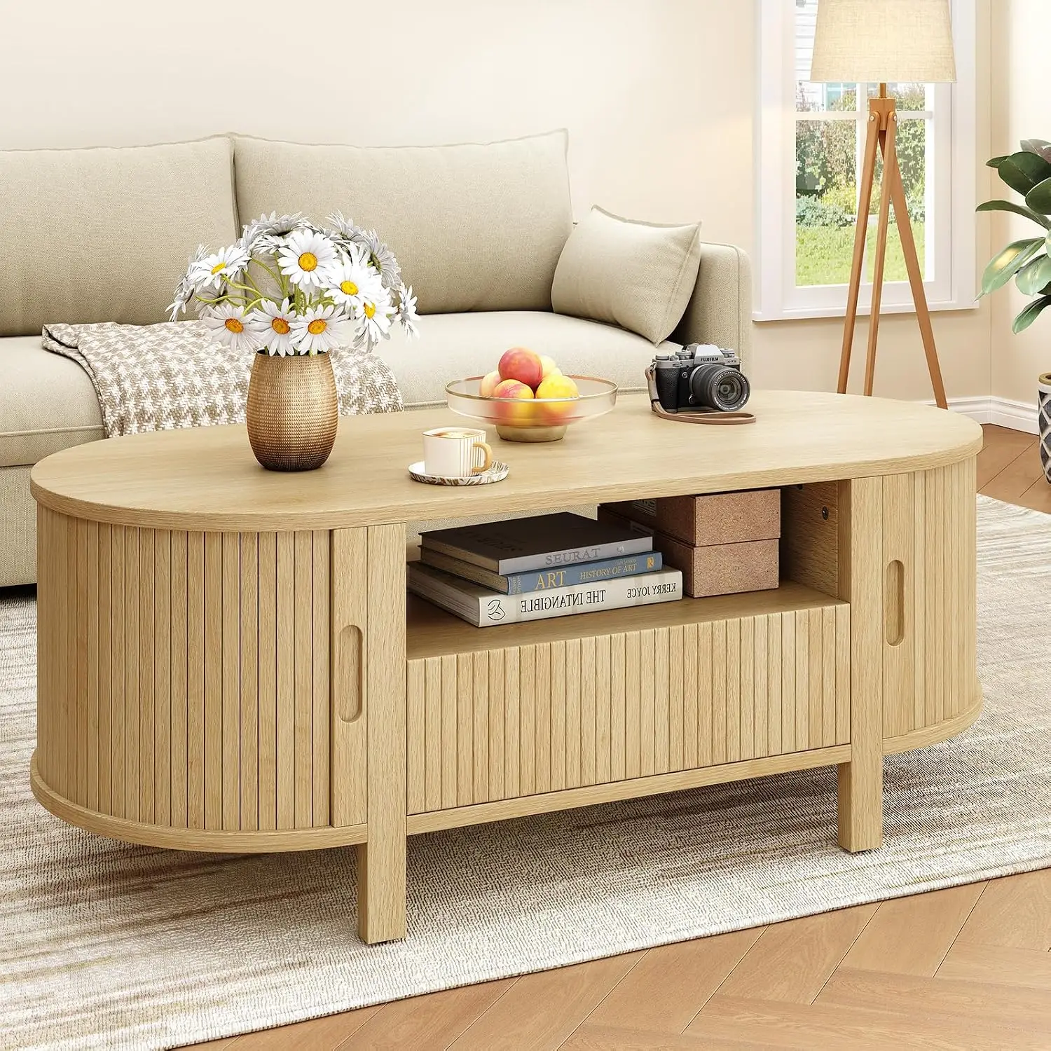 Oval Coffee Table with Drawer & Sliding Door, Oak Wood Finish, 47.2