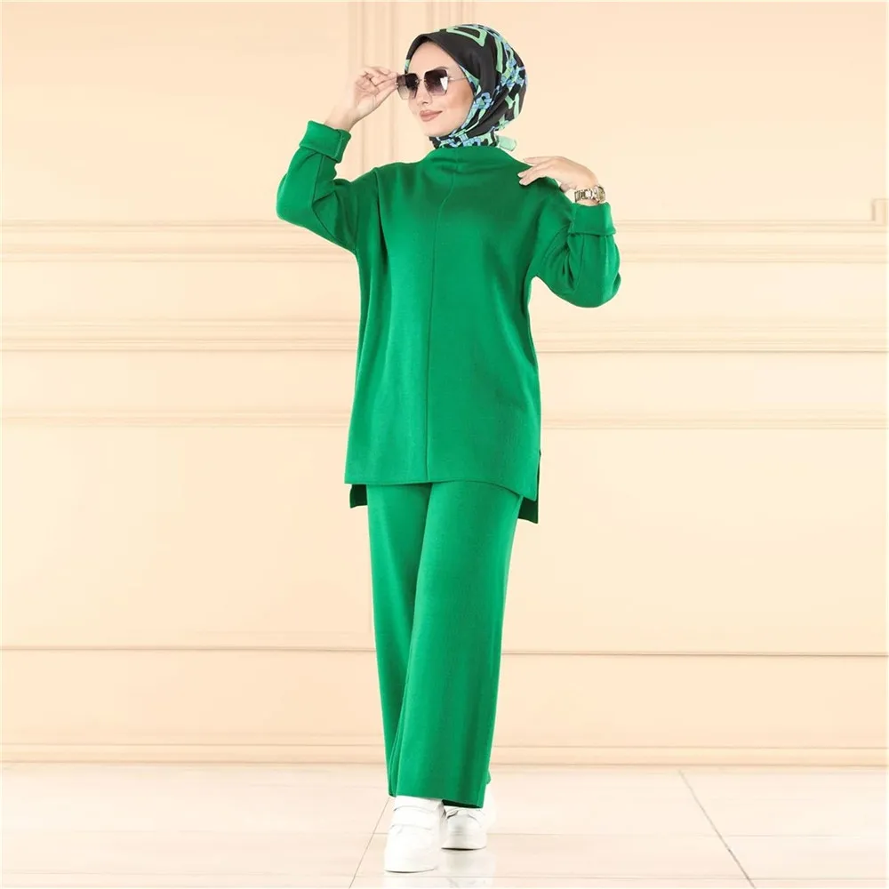 Ensemble 2 pièces pour femmes musulmanes, Abaya, pull tricoté, hauts, jambes larges, pantalon, costume, chemisier, arabe, dubaï, Kaftan, vêtements islamiques