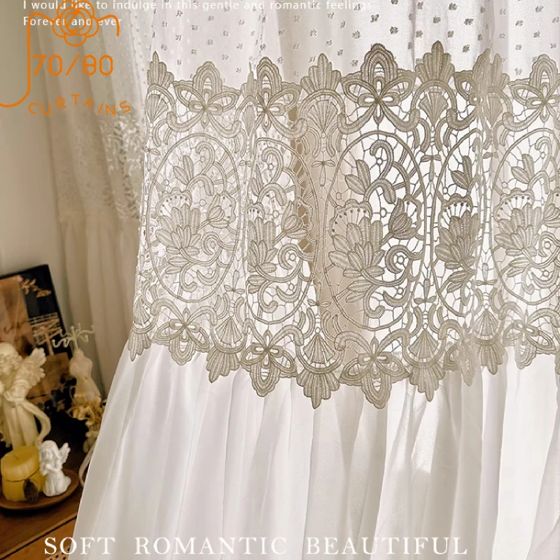 

French White Lace Splicing Chiffon Screen Curtains for Living Room Partition Bedroom Balcony French Window Customized Tulle