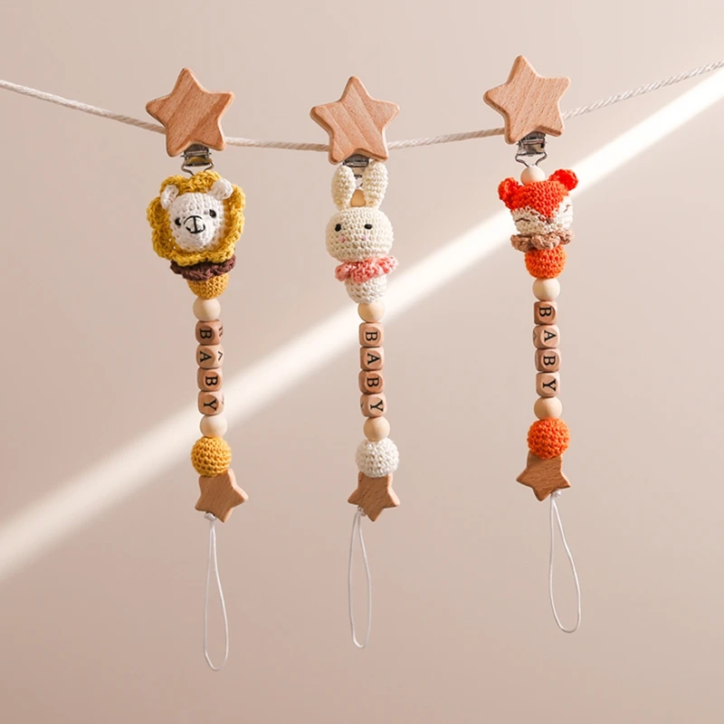 Personalized Name Baby Bunny Fox Lion Pacifier Chain Clip Cotton Crochet Animal Chain Toys Soother Nipples Holder Newborn Toy