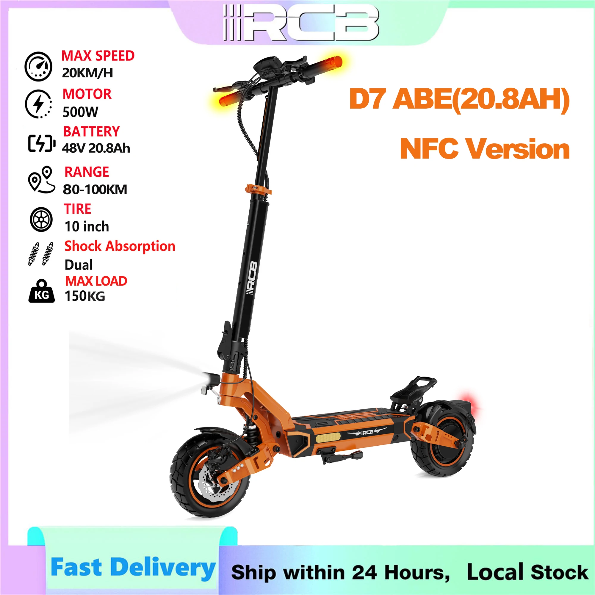 RCB D7 ABE Premium NFC Elektroroller für Erwachsene Deutsche ABE Straßenzugelassen 500W 48V 20.8Ah/27Ah 80-130KM 10Zoll Luftreifen Klappbar APP Blinker Doppelbremsen