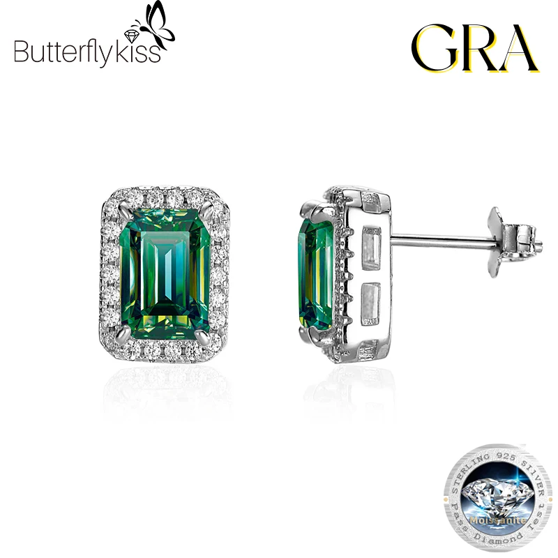 

Butterflykiss Luxury 1CT Emerald Cut Moissanite One Pair Stud Earrings For Women 100% 925 Sterling Silver Wedding Jewelry Gift