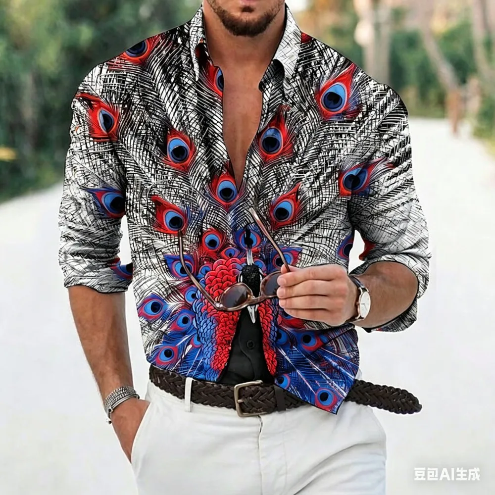 2026 Men's Feather Shirt Long Sleeved Fashion Designer Casual Outdoor Vacation Spring and Summer Collar 3D Printing