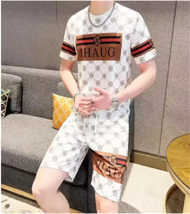 New men's summer fashion 3D printed short-sleeved T-shirt sports suit breathable T-shirt shorts sports two-piece set