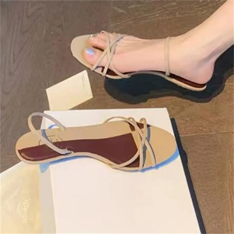 Sewing Lines Shoes for Ladies Round Toe Low Heels Mixed Colors Chassure Femme Back Strap Female Sandals PU Leather Zapatos Mujer