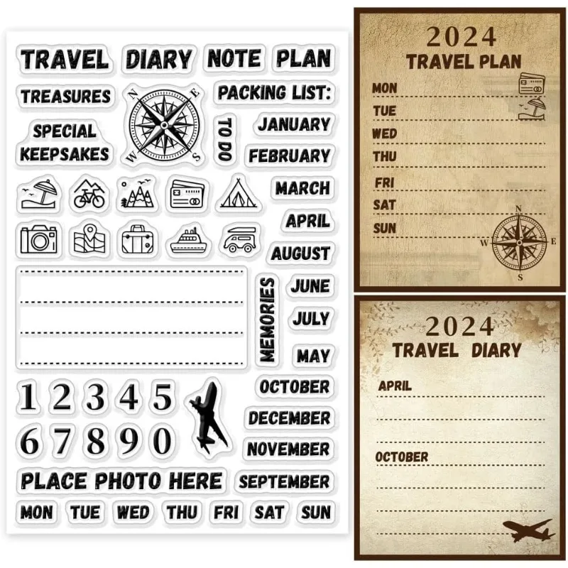 1Sheet Travel Diary Clear Stamp Compass Icon Clear Rubber Stamps Number Week Year Silicone Stamps for DIY Scrapbooking Photo