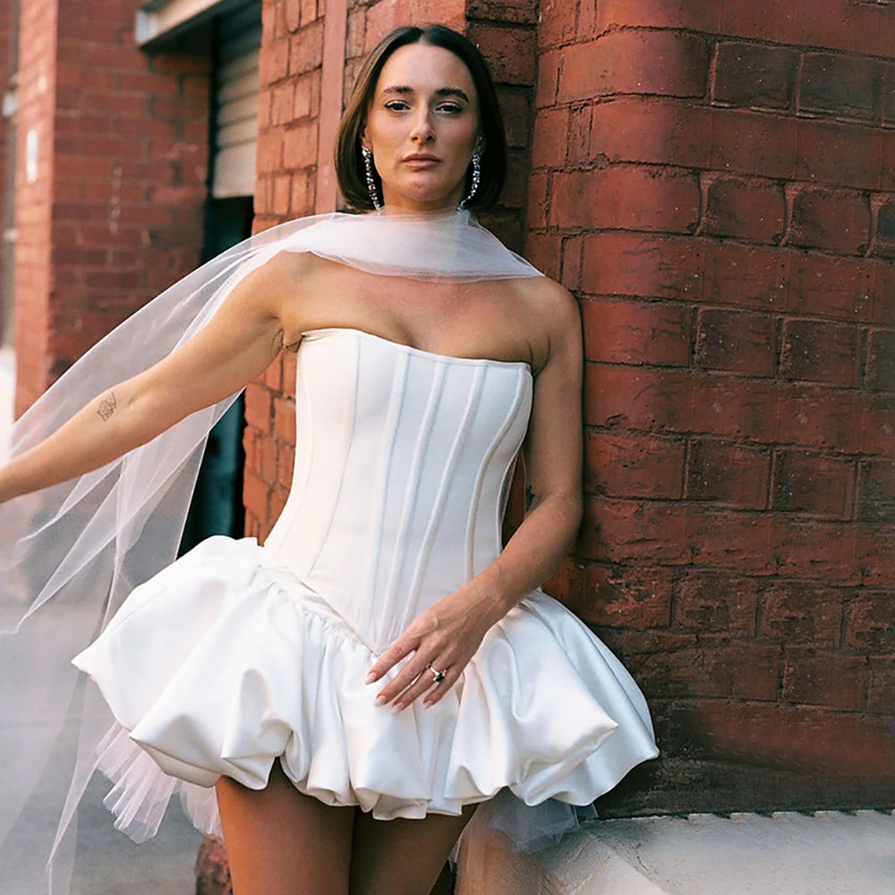 Two Pieces Corset Customized Mini Bridal Ball Gowns Sexy Bubble Puffy Skirt Straight Strapless Basque Waist Wedding Dress