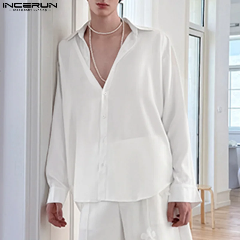 INCERUN Men Shirt Patchwork See Through Lapel Long Sleeve Loose Men Clothing Streetwear 2025 Fashion Casual Male Shirts S-5XL