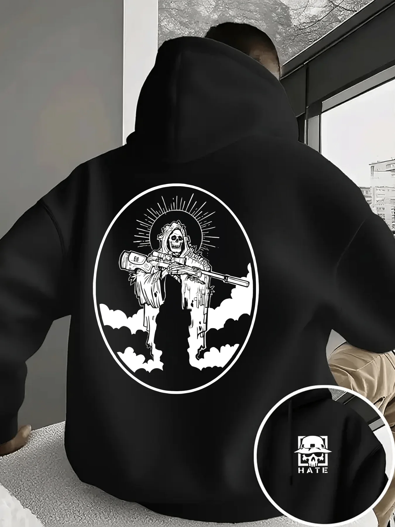 Dark and edgy men's hooded sweatshirt with skull warrior retro pattern print and mysterious pocket pullover hoodie - view 3