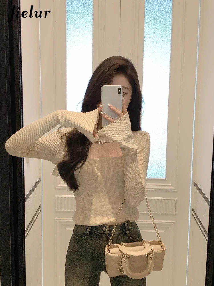 Jielur Spring Korean Fashion Knitted Sweater Y2k Crop Tops Women Casual Long Sleeve Elegant Slim Pullovers Outwear Office Lady