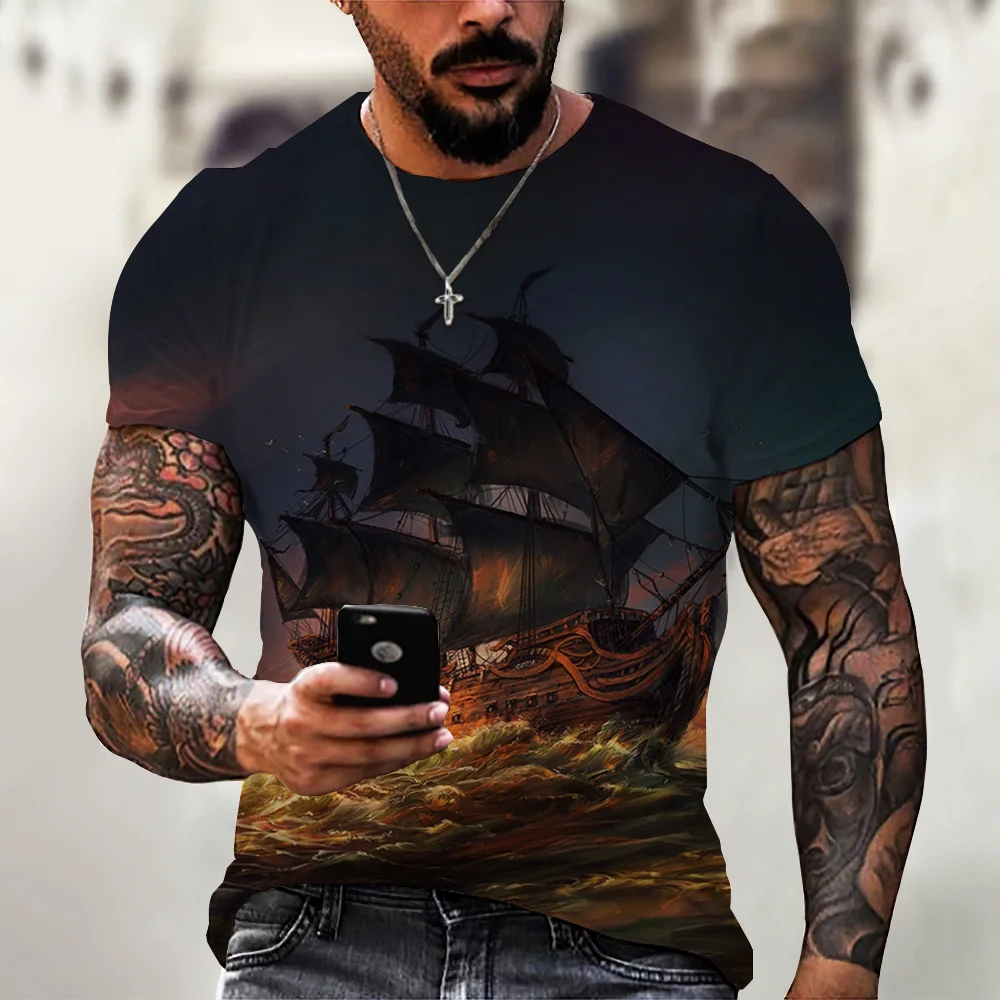 

Vintage Men Ship T-shirts 3D Printed Pirate Ship Crew Neck Short Sleeve T Shirt For Men Oversized Tops Tee Shirt Homme Camiseta