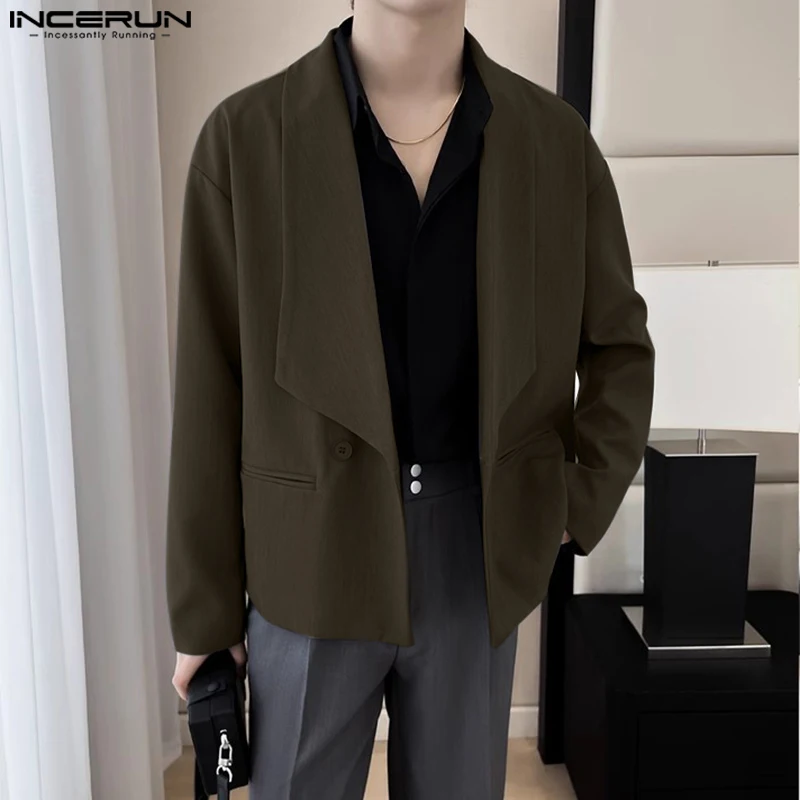 

INCERUN Tops 2025 Korean Style Fashion Men Solid Large Lapel Design Suit Coats Casual Personality Male Strap Long Sleeved Blazer
