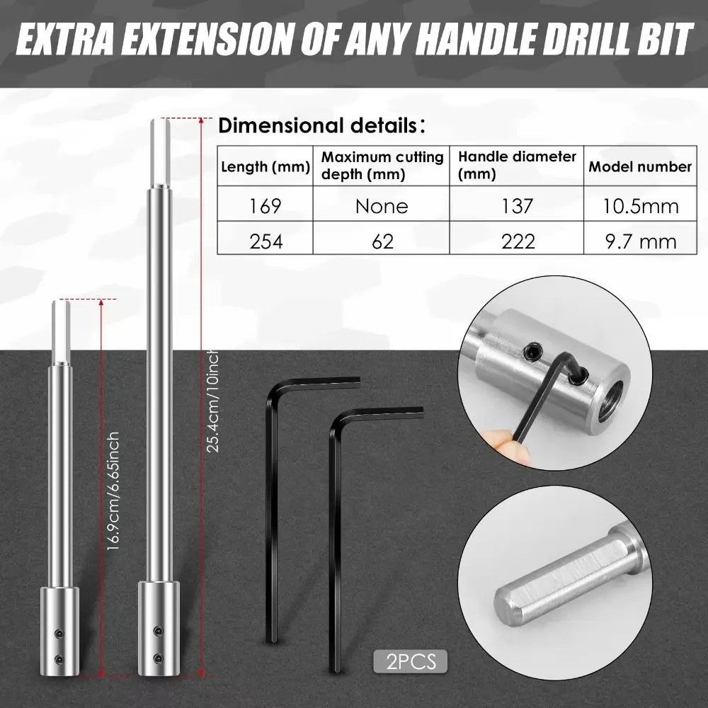 169mm 254mm Drill Bit Extension Rod Extra Long 45# Steel Forstner Bit Extension Hexagonal Shank Wear Resistance
