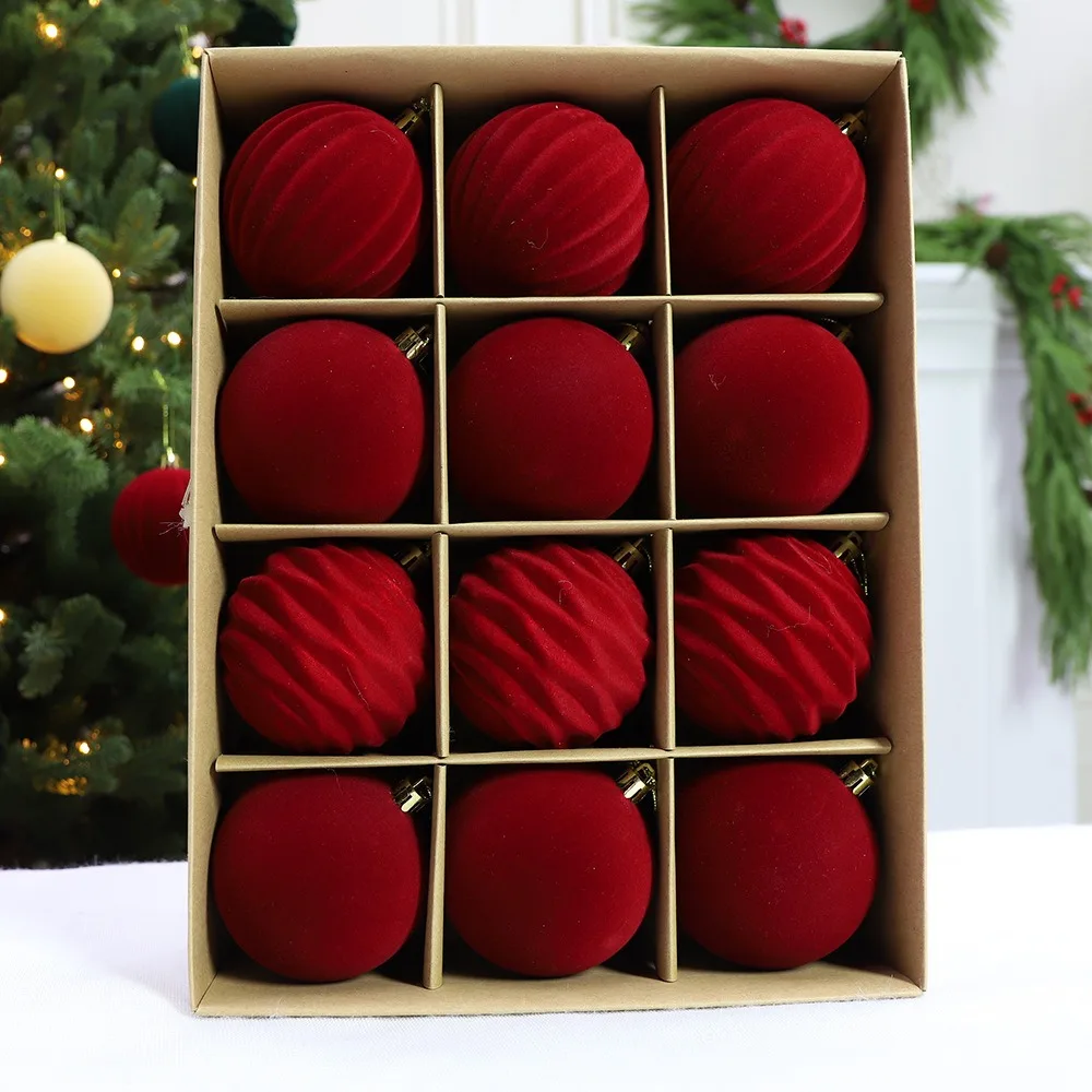 12 Adornos de Terciopelo para Cumpleaños - Bolas Rojas Flocadas con Cintas Doradas, Perfectas para Decoración de Árboles Navideños, Adornos Festivos