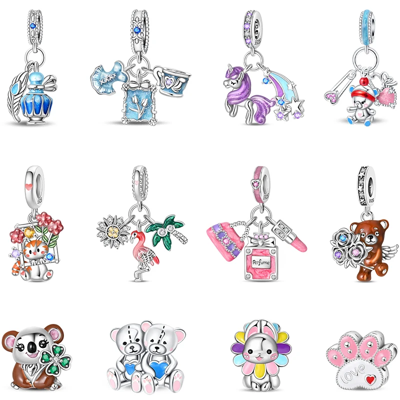 Sweet 925 Sterling Silver Princess Dress Rabbit Koala Rainbow Horse Cat Charms Beads Fit Pan Original Bracelets DIY Jewelry