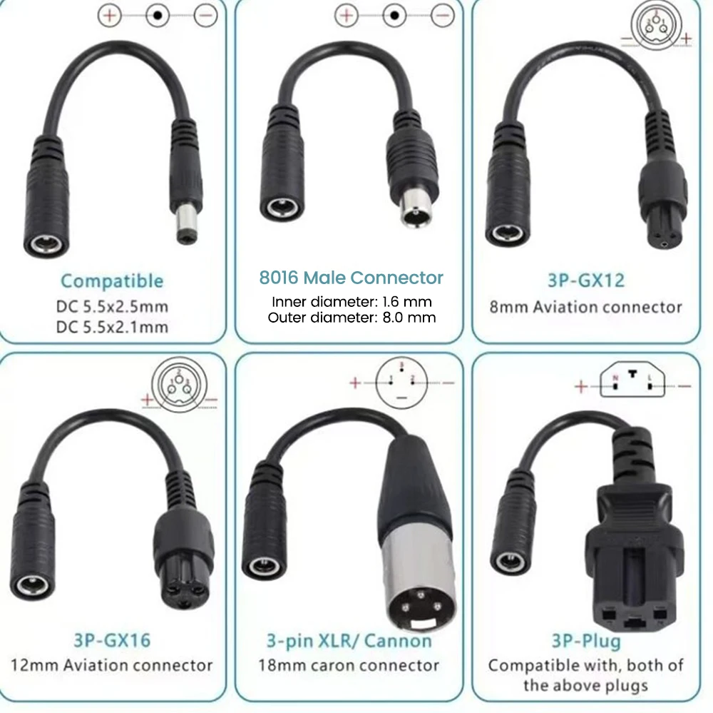 DC 5.5X2.1 zu M12 M16 3-Pin XLR RCA IEC 3P 8016 5525 Verbindungskabel-Adapter für E-Scooter und E-Bike Ladegeräte Zubehör Stecker – Detail 2