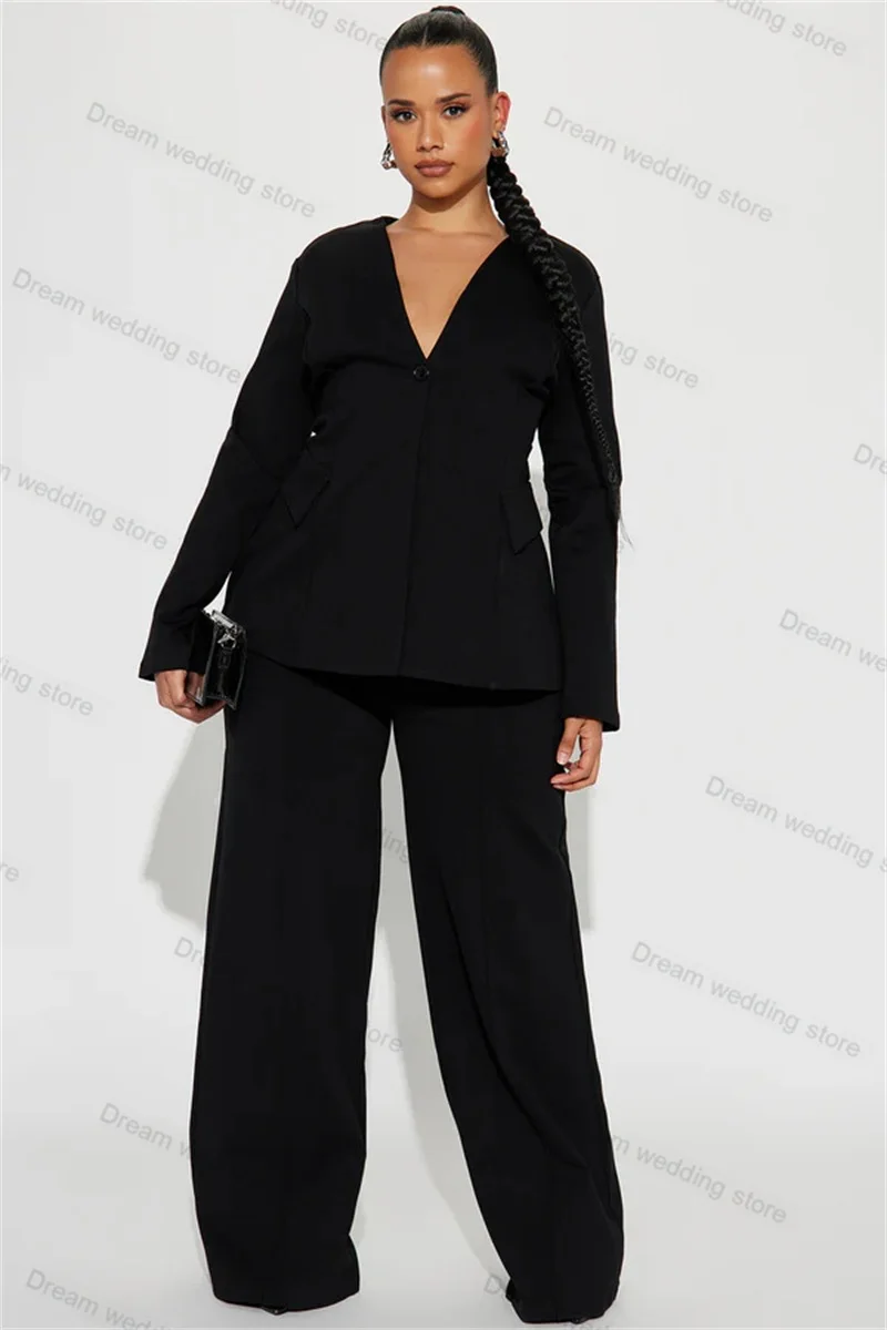 Black Cotton Women Suit Pant Set 2 Piece Blazer+Trousers Formal Office Lady Jacket Sexy V Neck Coat Customized Coat Prom Dress