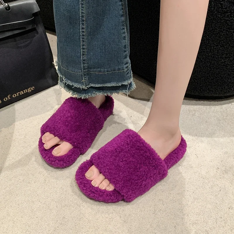 Purple Lambswool Slide Mules Woman Thick Sole Curly Teddy Fur Slippers Ladies Fashion Fluffy Plush Sandals Warm Home Shoe