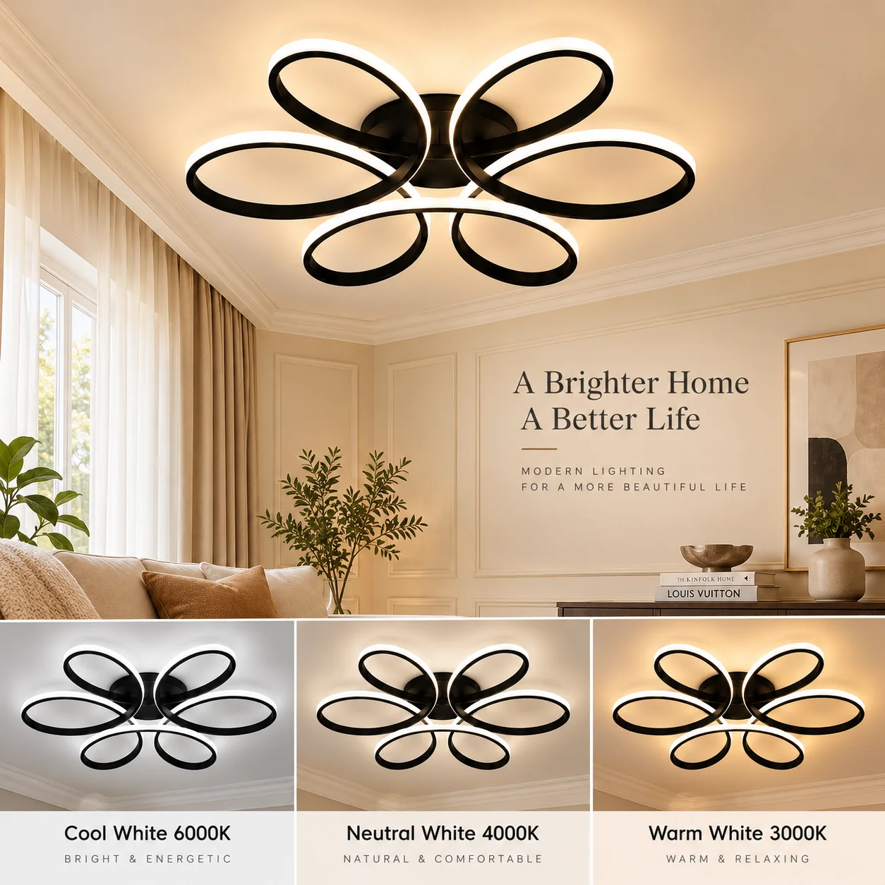 Modern 6‑Ring Flower‑Shaped LED Ceiling Light, Flush Mount Ceiling Lamp, 3‑Color Changing Light Fixture, Black & White Optional for Living Room Bedroom Dining Room Home Decor