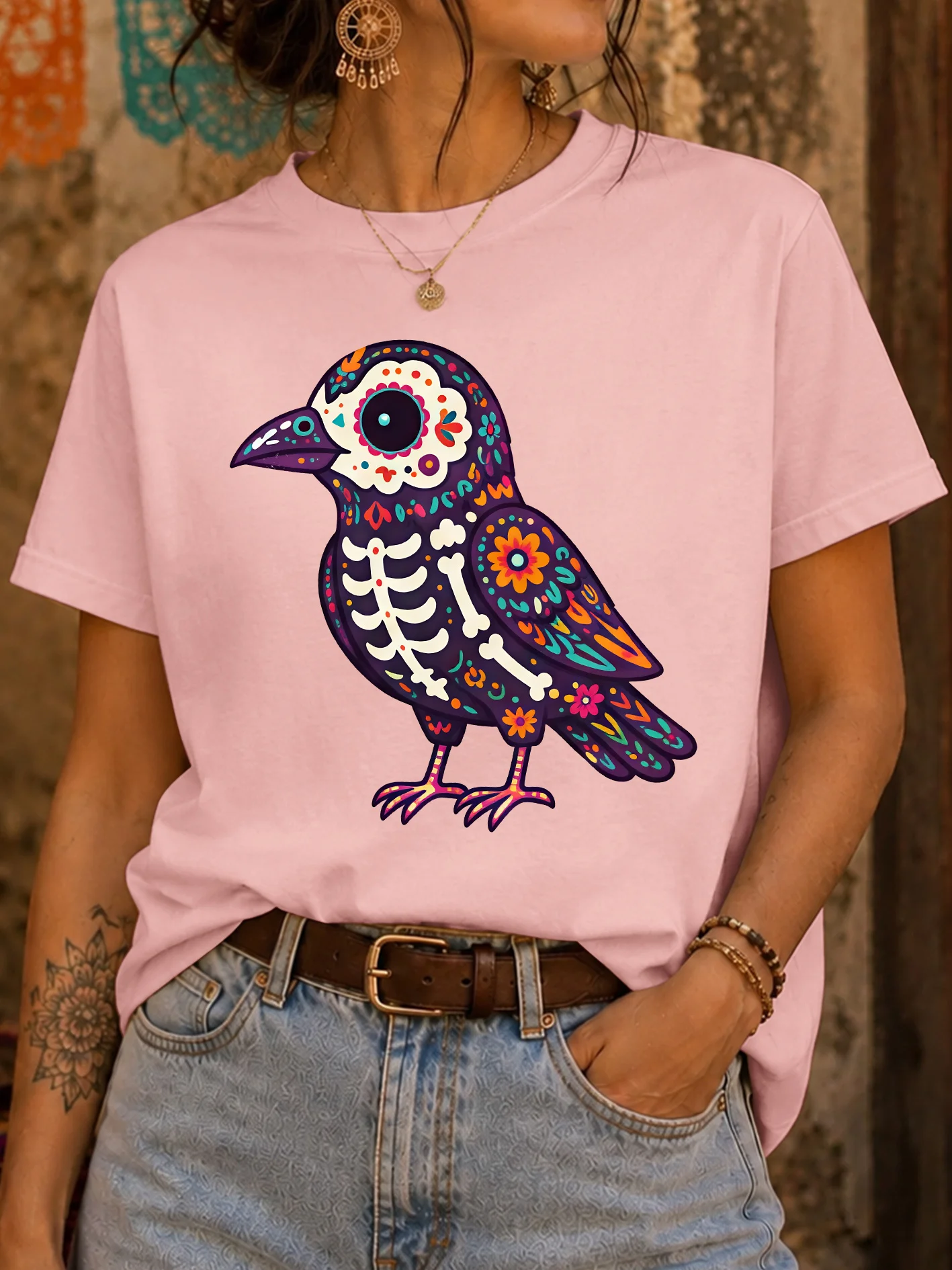 Colorful Day Of The Dead Skeleton Crow Womens Crew Neck Short Sleeve T Shirt Floral Animal Graphic Tees For Ladies Daily Wear