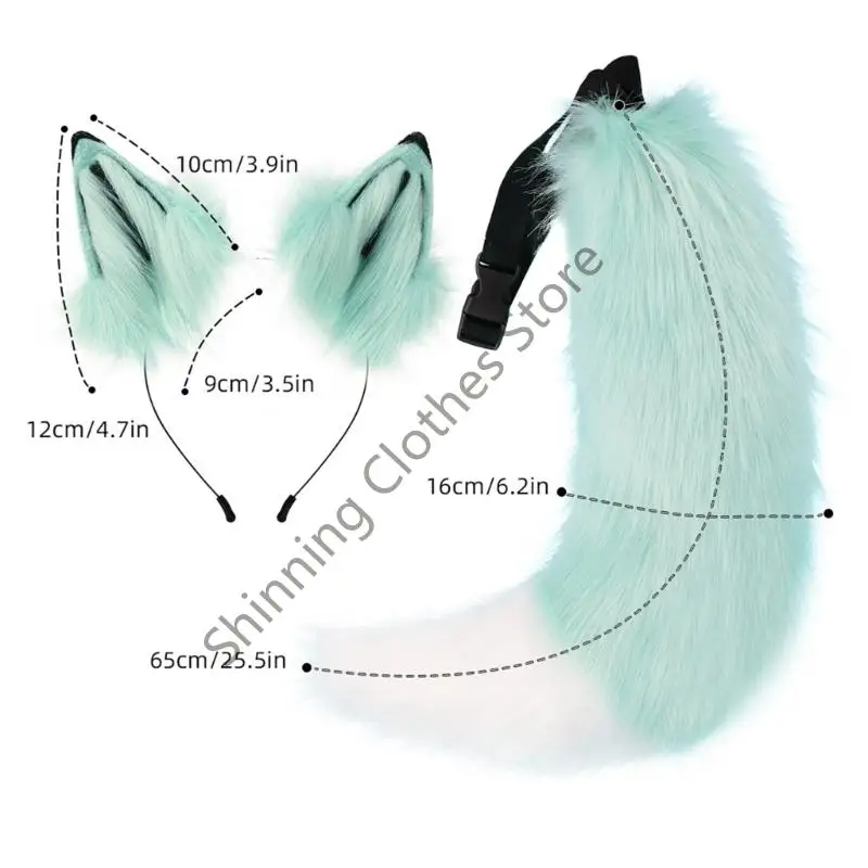 M68A Wolf Ears Headband with Tail Foxes Wolf Ears and Tail Set Halloween Cosplay Party Foxes Costume Accessories Kid Adult